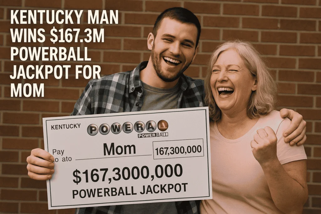 Happy mother and son laugh while celebrating their $167.3 million Powerball jackpot win in Kentucky