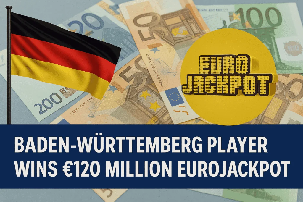 German flag with euro banknotes and EuroJackpot logo, celebrating a €120 million lottery win.