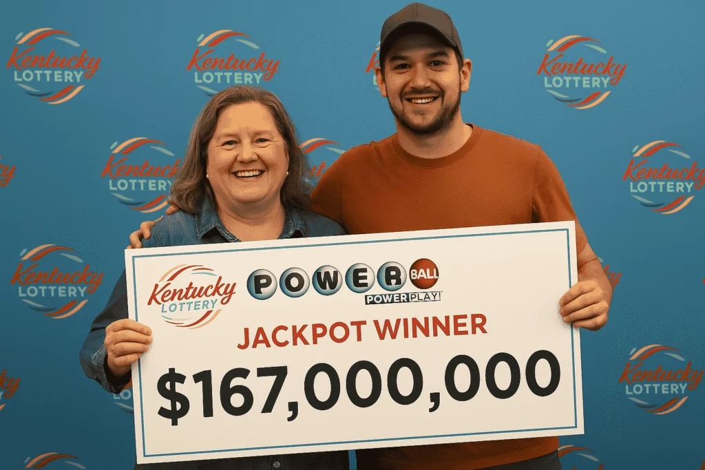 Kentucky Lottery Powerball jackpot winners Linda Grizzle and Shannon Farthing smile while holding a $167 million prize check