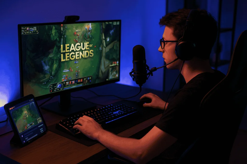 A streamer playing League of Legends live with a microphone and secondary tablet screen visible.