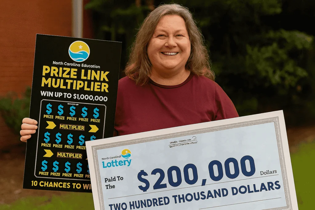 Peggy Boone holding a giant $200,000 check from the North Carolina Education Lottery