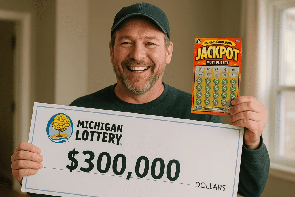 Smiling man holding a Michigan Lottery $300,000 check and a winning scratch-off ticket