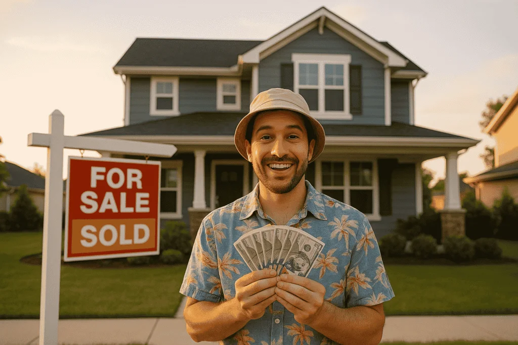 Man holding cash in front of a house with a “For Sale” and “Sold” sign
