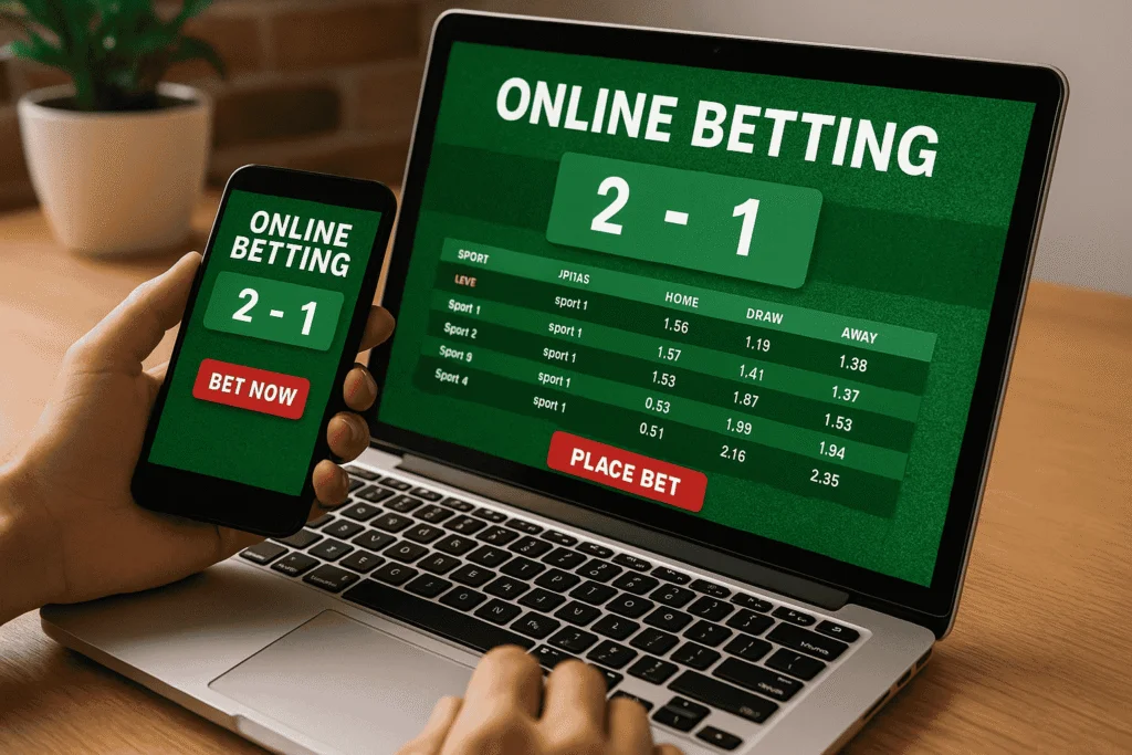 Close-up of hands using a smartphone and laptop to access an online betting platform.