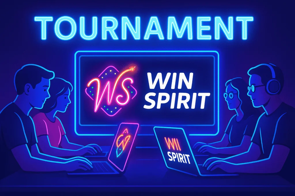 Players participating in a Win Spirit Casino online tournament on laptops under neon lights