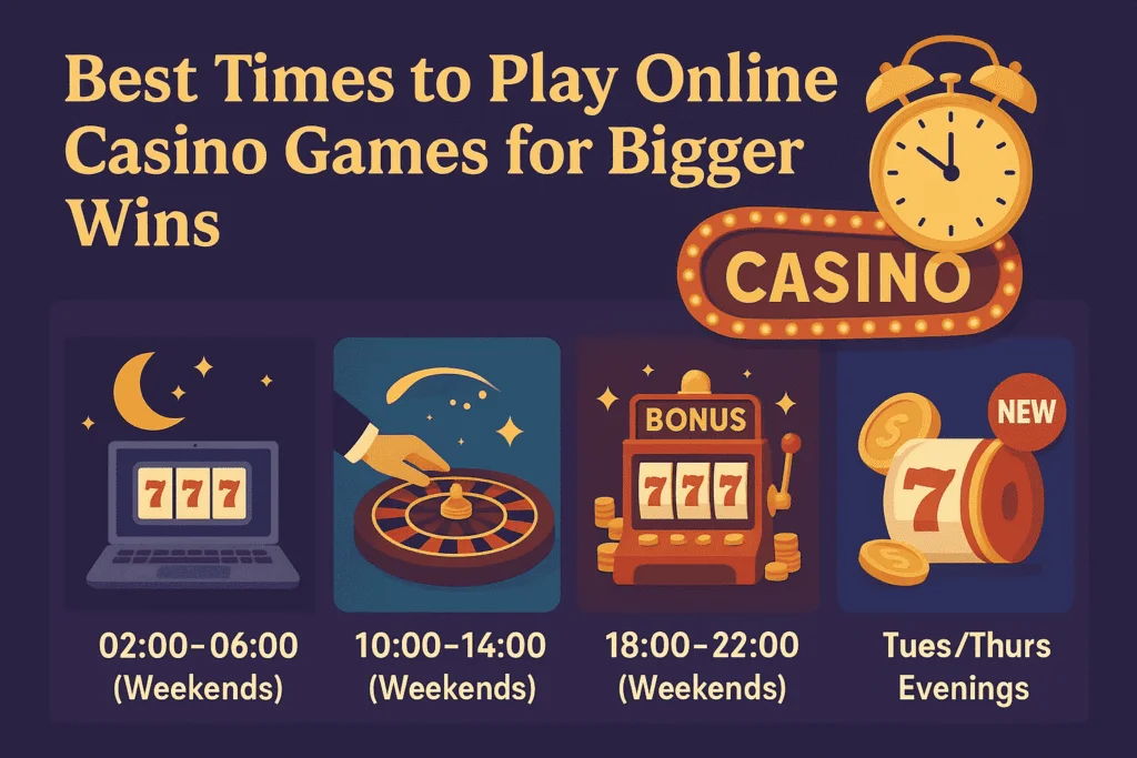 Infographic showing the best times to play online casino games for bigger wins, including weekend hours and midweek evenings.