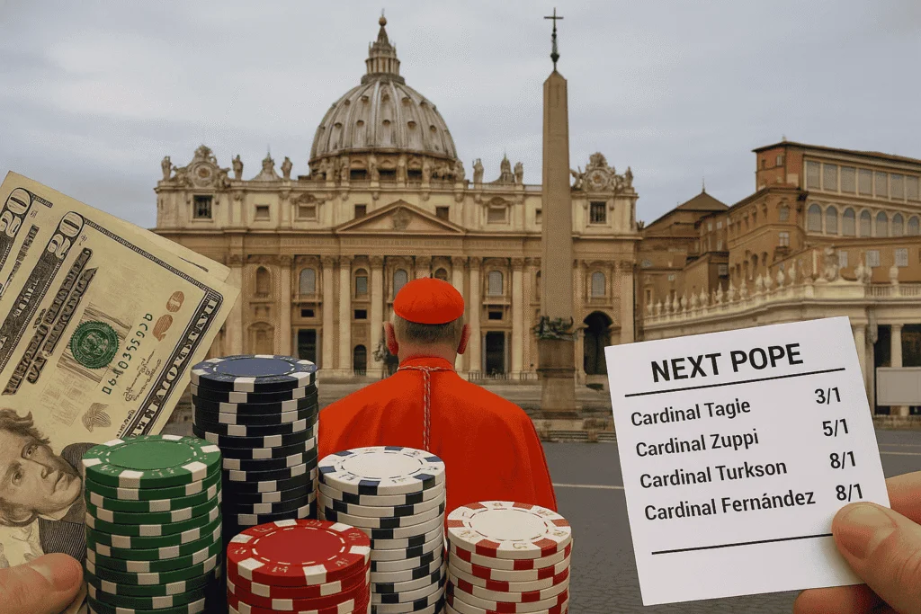 A cardinal standing in front of St. Peter’s Basilica with poker chips, cash, and a betting slip showing odds for the next pope.