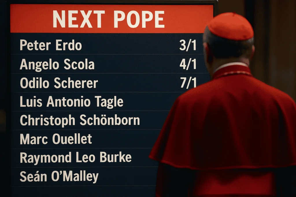A cardinal in red robe looking at a large betting board listing odds for various candidates to become the next pope.
