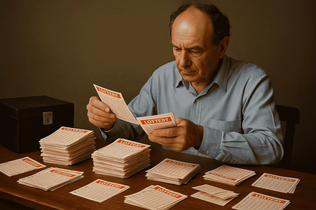 Elderly man sorting through stacks of lottery tickets at a table.