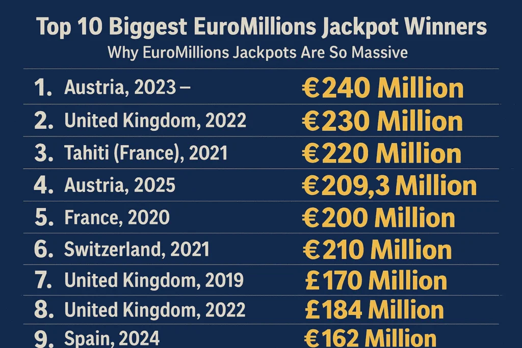 Infographic showing the top 10 biggest EuroMillions jackpot winners by country and year.