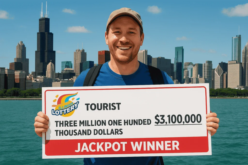 Tourist holding Illinois Lottery check for $3.1 million with Chicago skyline in background