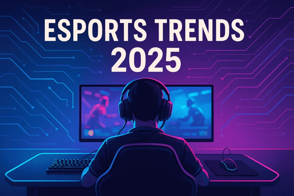 Illustration of a gamer watching a competitive esports match on a dual-monitor setup with the title “Esports Trends 2025” above.
