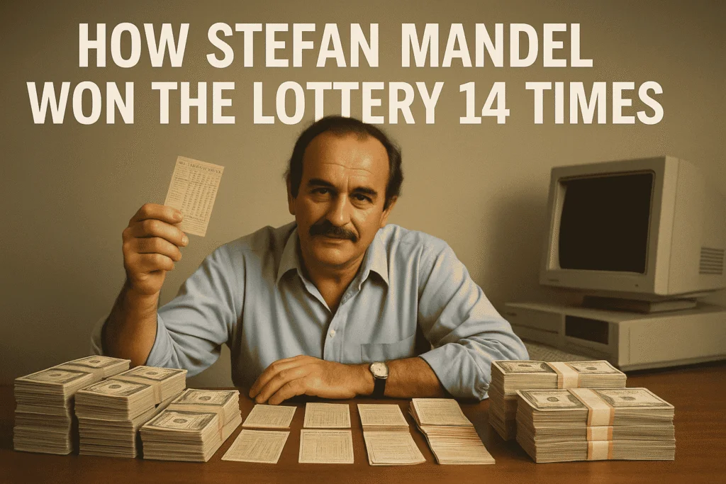 Stefan Mandel holding a lottery ticket, surrounded by piles of cash.