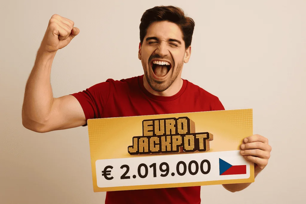 Czech player holding €2.019 million EuroJackpot prize cheque, cheering in red shirt