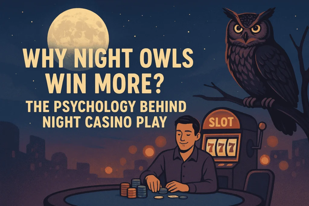 Cartoon owl and man at slot machine under moonlight, night casino players psychology