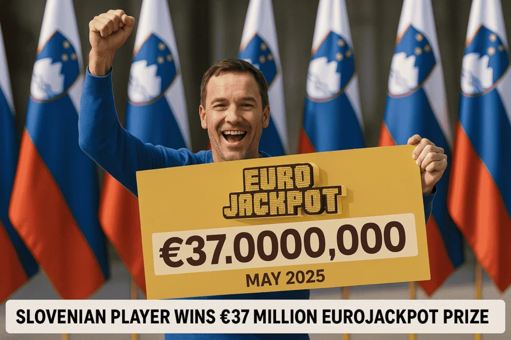 Slovenian man celebrating €37 million EuroJackpot win in May 2025 with national flags behind him