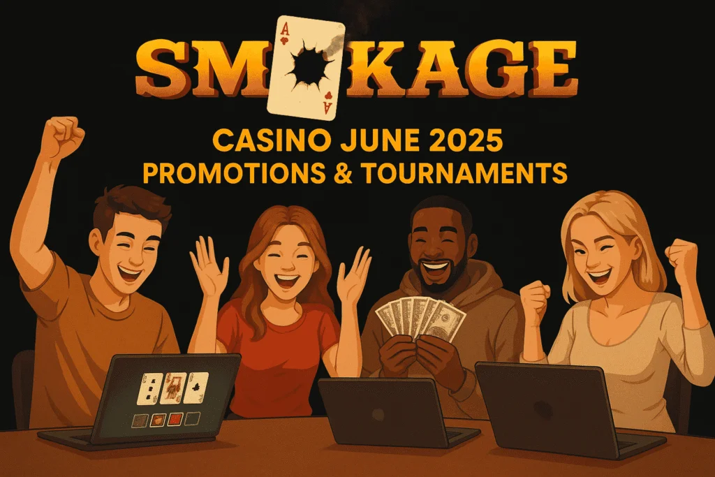 Smokace Casino June 2025 banner with happy players around laptops