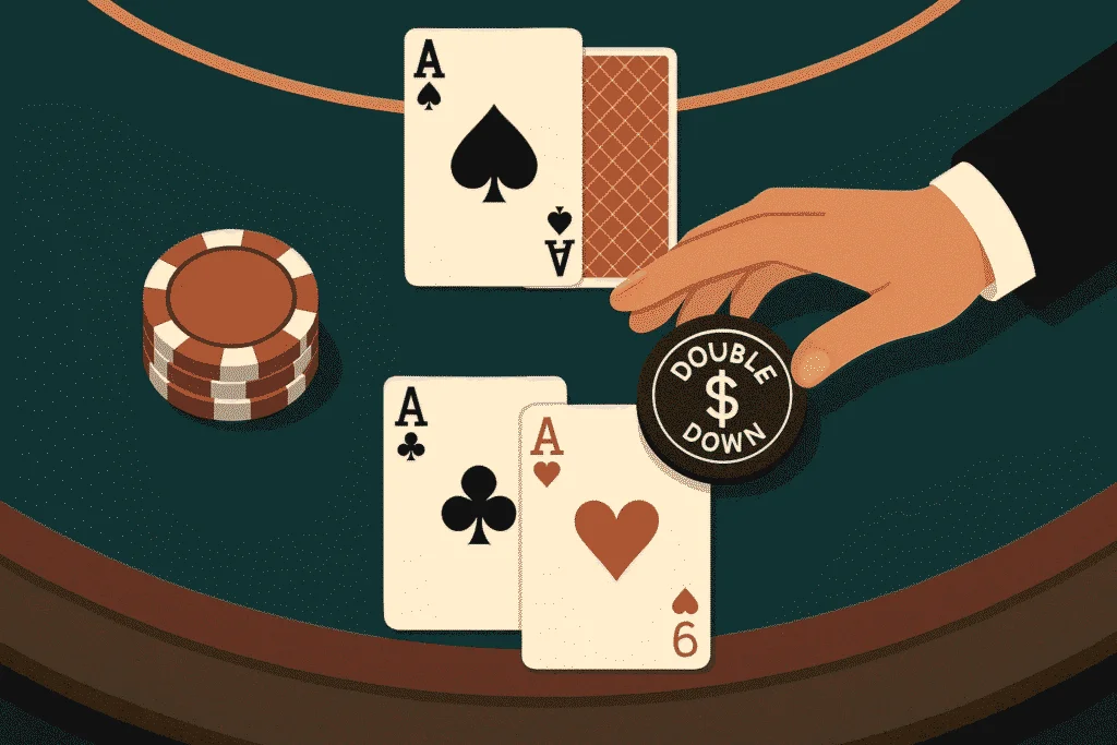 Blackjack table showing player's hand holding “Double Down” chip beside three playing cards and poker chips.