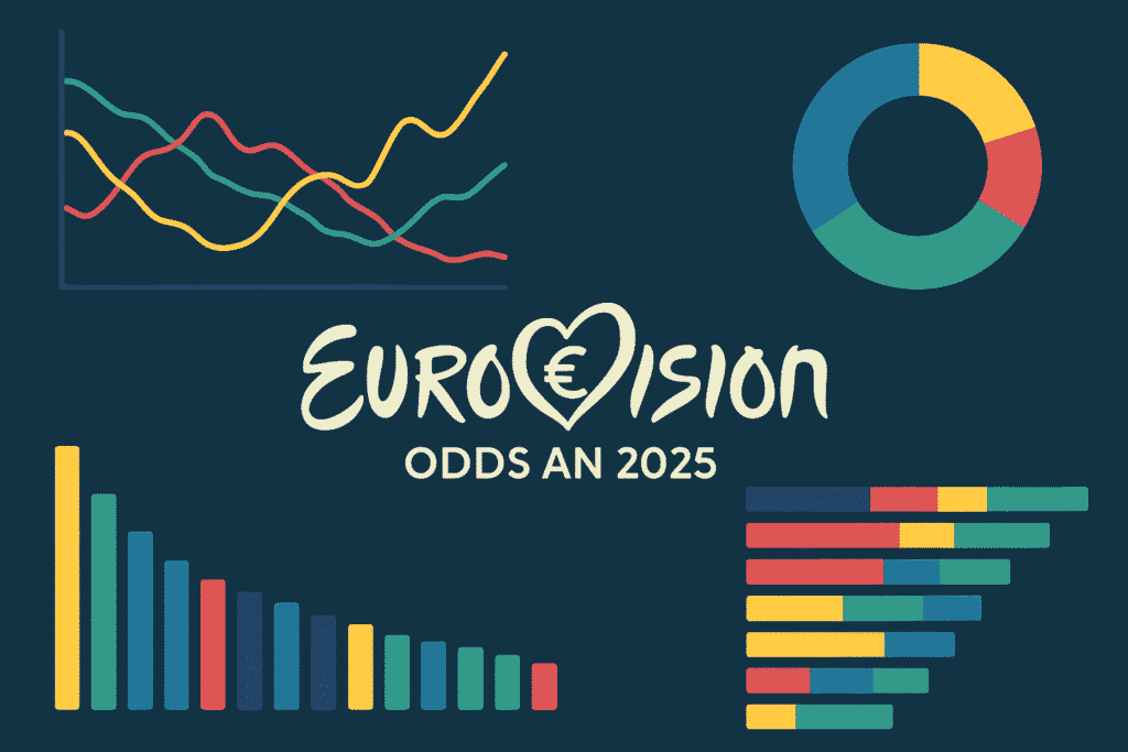 Colorful infographic with Eurovision 2025 odds, line graphs, and country rankings