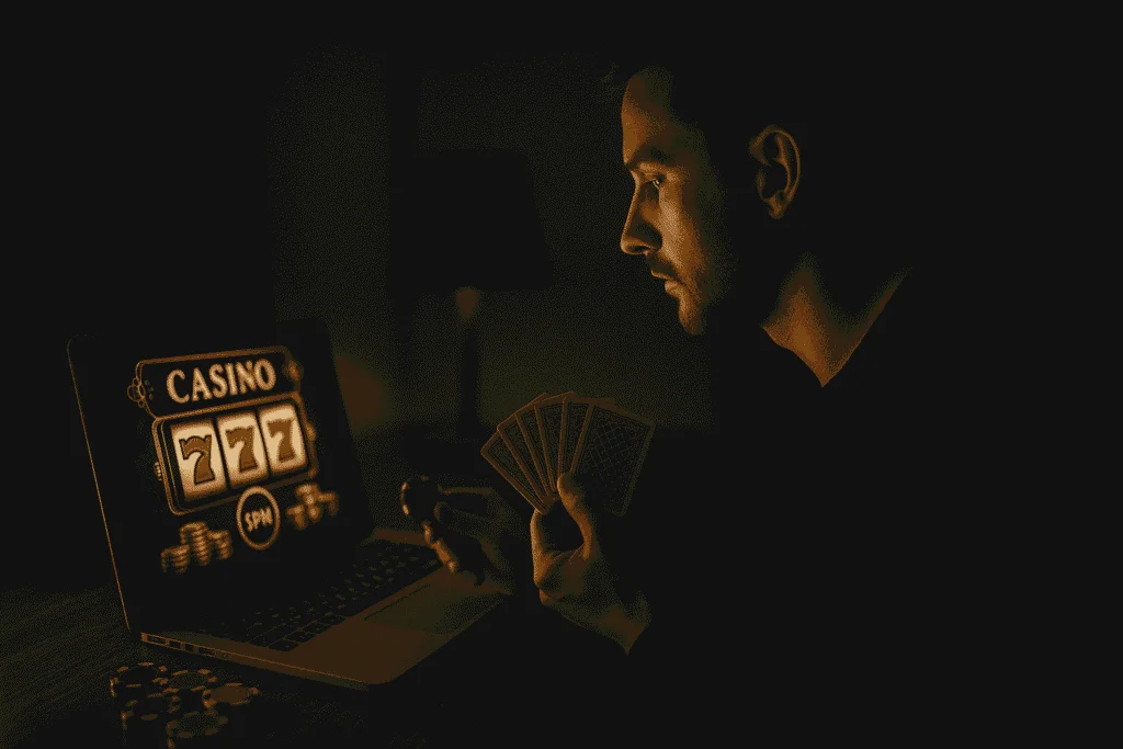 Man playing cards and spinning slots at night on a laptop, night casino players in action